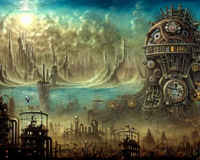 Prompt: steampunk biopunk clockpunk underwater end of the world among crowd of lot of people, clouds, fire, demons, plants, bridge, buildings, people, serpent, strange creatures walking around, falling from sky, big titan creature in the center, splitting the sky and the ocean and the tall city, by vladimir kush and giger and zdzislaw