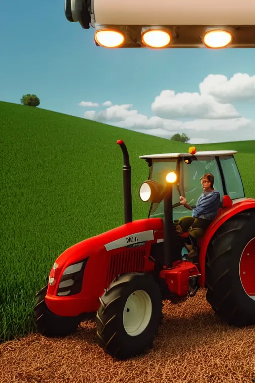 Prompt: film still of a pixar movie with a dutch farmer on a tractor on the highway, glamour pose, dramatic lighting, octane, volumetric lighting, 8 k