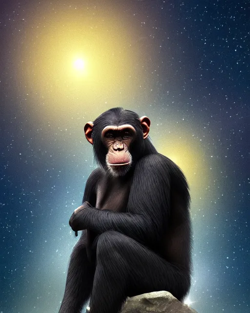 Image similar to very detailed high resolution illustration of a mystical chimpanzee, backlit, stars, night, surrounded, 3 d, 8 k, extremely detailed, artstation, award winning