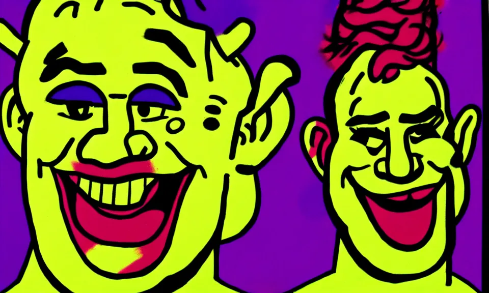 Image similar to a pop art drawing of shrek by andy warhol and roy lichtenstein and keith haring, 4 k, trending on artstation, detailed, film still