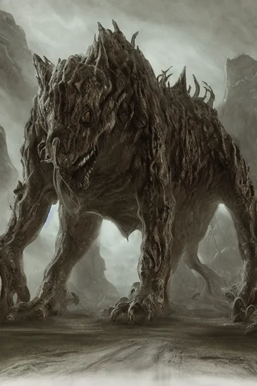 Prompt: matte painting of a huge mutated animal beast almost too large for the corridors wandering the dark corridors of a wet underground dungeon in lovecraft style