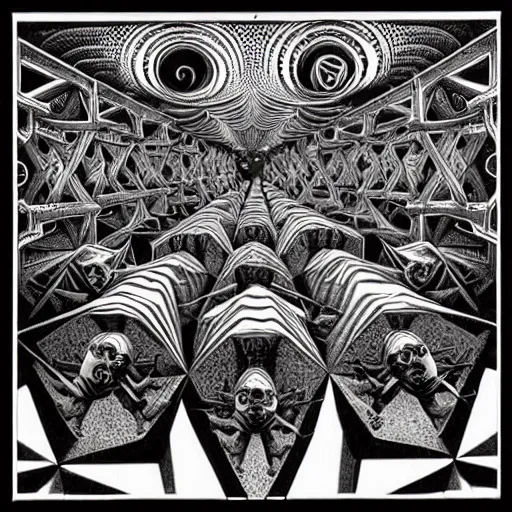 Image similar to dmt, machine elves, M C Escher, highly detailed