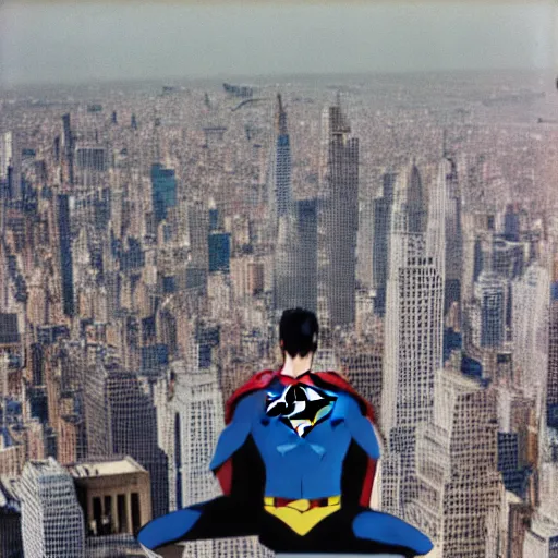 Image similar to superman from back sitting on chair standing on top of the empire state building strong stance photo by annie leibovitz