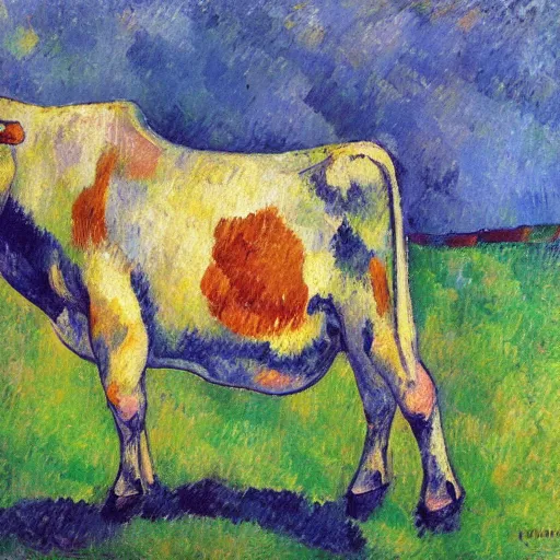 Prompt: a cow is running in the cloud, post - impressionism, cezanne, gaugin, van gogh, seurat, - h 1 0 2 4