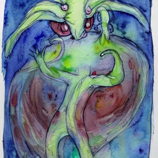 Image similar to whimsical watercolor painting of a demon, in the style of a. a. milne