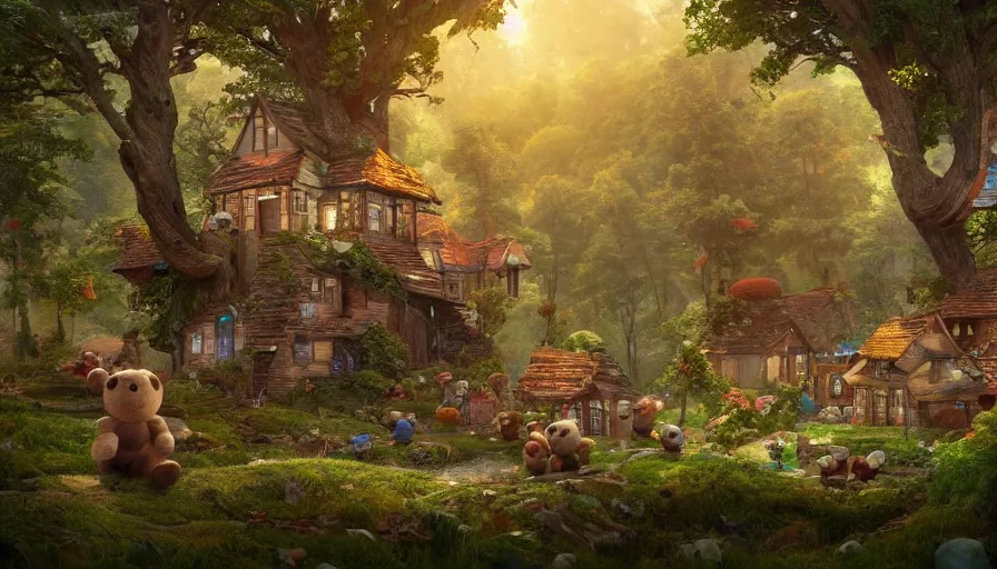 Prompt: Small little village with teddy bears built in a forest with humongous trees, hyperdetailed, artstation, cgsociety, 8k