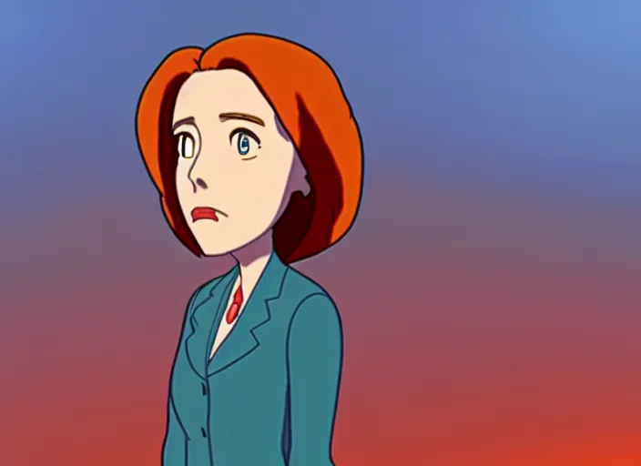 Image similar to an animation still of dana scully, in the style of studio ghibli, netflix animation, toei animation, filmation animation, traditional animation, sharp detail, animation cel, 2 - level shading