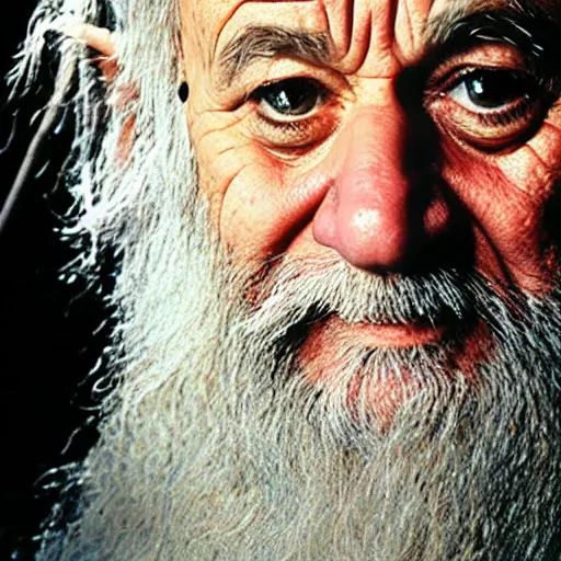 Prompt: closeup portrait of bill murray as gandalf in lord of the rings, film still, promotional shot