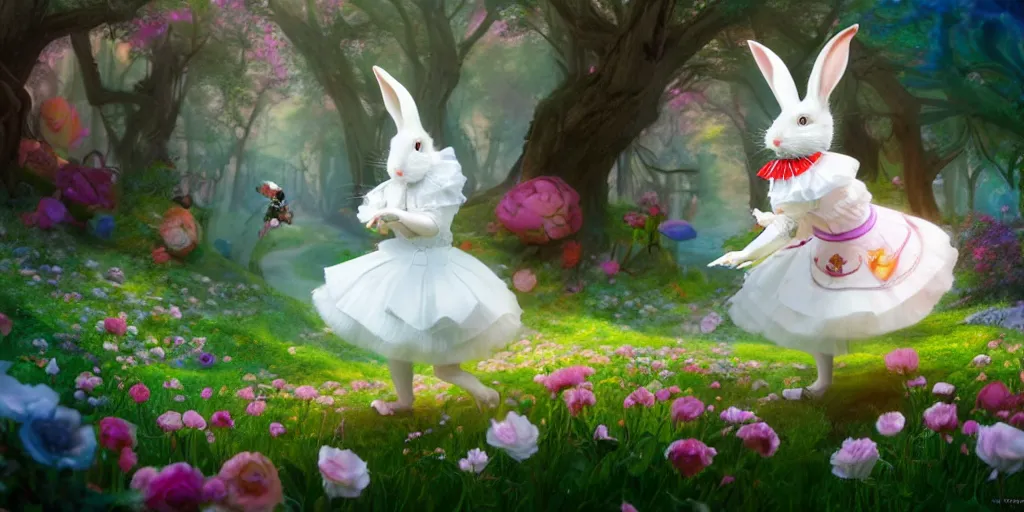 Prompt: The White Rabbit, Alice in wonderland, colorful, wide angle, super highly detailed, professional digital painting, artstation, concept art, smooth, sharp focus, no blur, no dof, extreme illustration, Unreal Engine 5, Photorealism, HD quality, 8k resolution, cinema 4d, 3D, beautiful, cinematic, art by artgerm and greg rutkowski and alphonse mucha and loish and WLOP