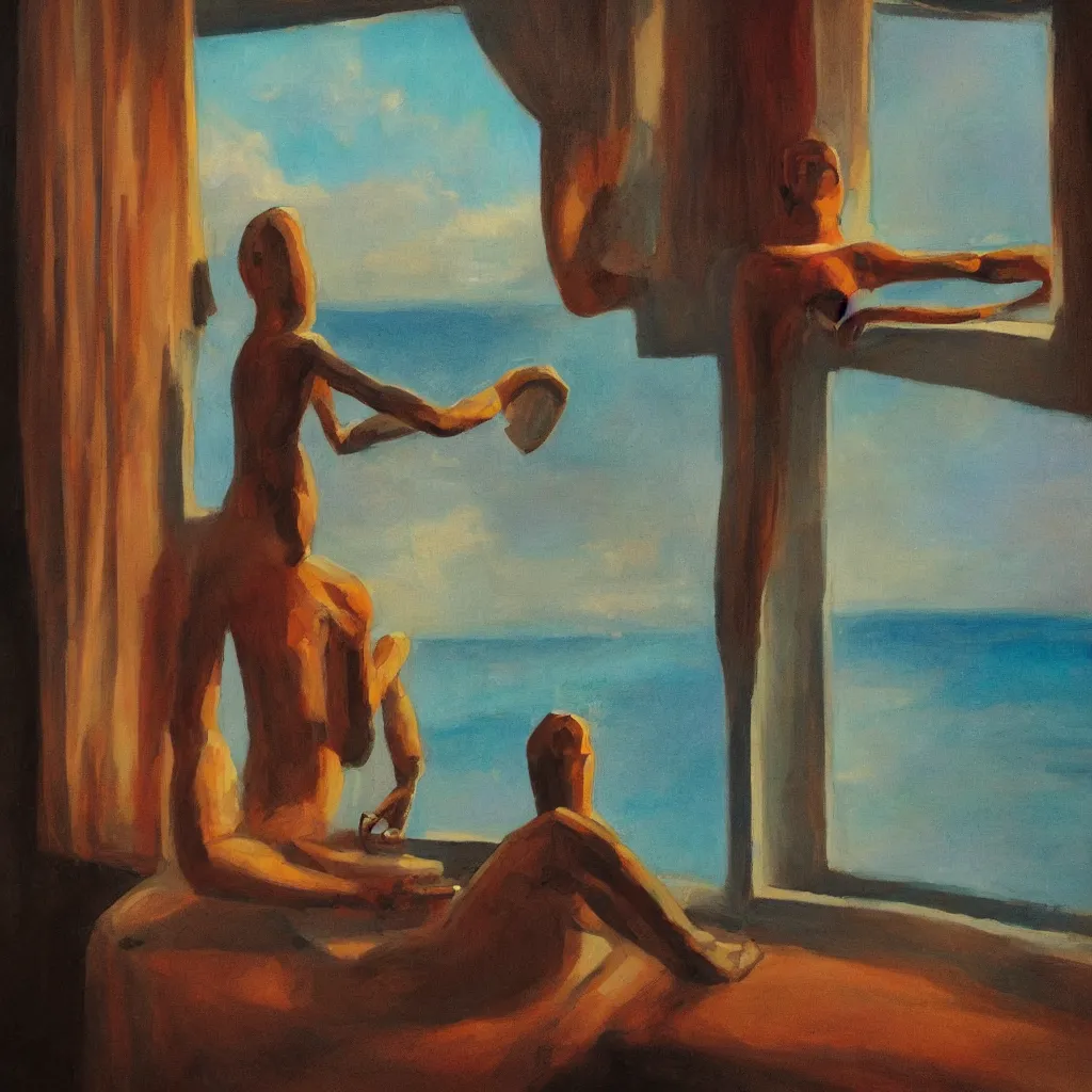 Image similar to minimalist well lit room, a half human and half robot is staring out the window overlooking the ocean. warm colors, in the style of abercrombie, gertrude, craola,