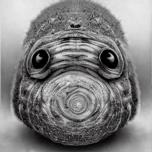 Image similar to a tardigrade experiencing its third eye pineal gland exploding out of the front of his forehead as he is able to perceive all of the thoughts of mankind. body horror. by gerald grom and ansel adams.