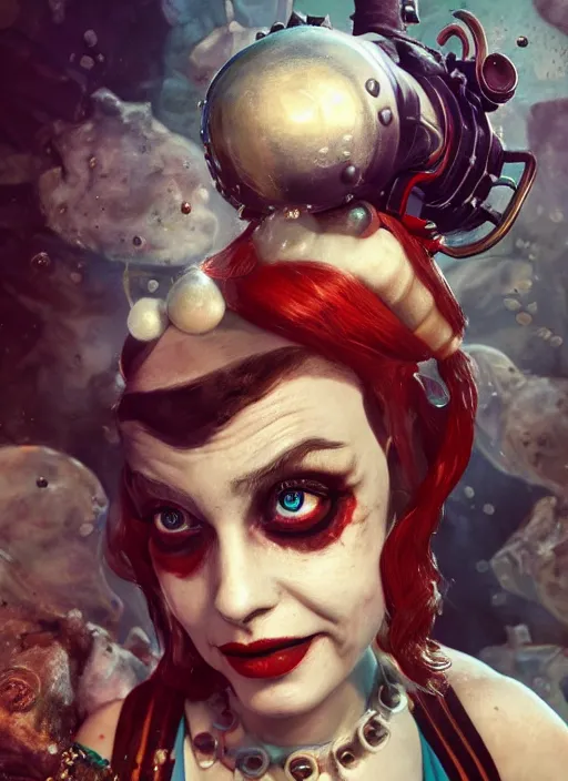 Prompt: underwater bioshock portrait of harley quinn, au naturel, hyper detailed, digital art, trending in artstation, cinematic lighting, studio quality, smooth render, unreal engine 5 rendered, octane rendered, art style by klimt and nixeu and ian sprigger and wlop and krenz cushart