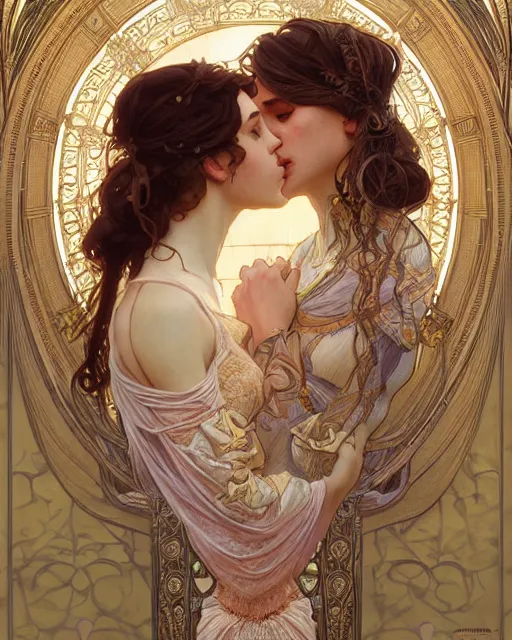 Image similar to the kiss | highly detailed | very intricate | art nouveau | gold filigree | romantic storybook fantasy | soft cinematic lighting | award - winning | painted by mandy jurgens and alphonse mucha and alena aenami | pastel color palette | featured on artstation