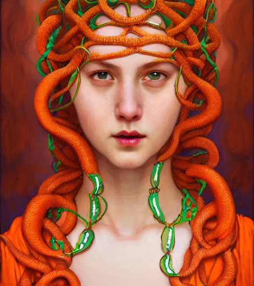 Image similar to portrait of teenage medusa, bald, naughty smile, coral snakes cover her head, wearing an embroidered orange tunic, intricate, elegant, copper and emerald jewelry, glowing lights, highly detailed, digital painting, artstation, concept art, smooth, sharp focus, illustration, art by wlop, mucha, artgerm, and greg rutkowski