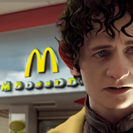 Image similar to film still of frodo working at mcdonalds in the new batman movie, high detail shot, smoking, render, cgsociety, photorealism