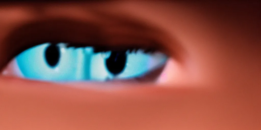 Image similar to a closeup of a person's face using a computer at night, just the light from the screen, reflective eyes, extremely detailed