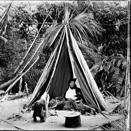 Image similar to a rizom lost film footage of a sacred ( ( ( indigenous ) ) ) artifact in the middle of the ( ( ( ( ( ( ( ( ( ( tropical jungle ) ) ) ) ) ) ) ) ) ) / ethnographic object / film still / cinematic / enhanced / 1 9 0 0 s / black and white / grain