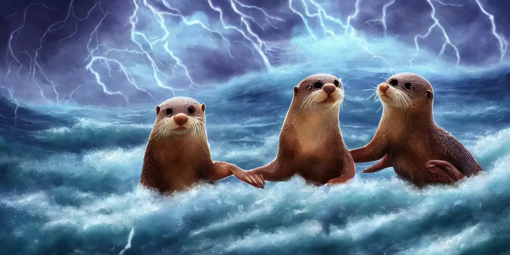 Prompt: beautiful fantasy illustration of a pair of adorable otters falling in love holding hands in a huge storm at sea cinematic dreamlike detailed trending on artstation masterpiece