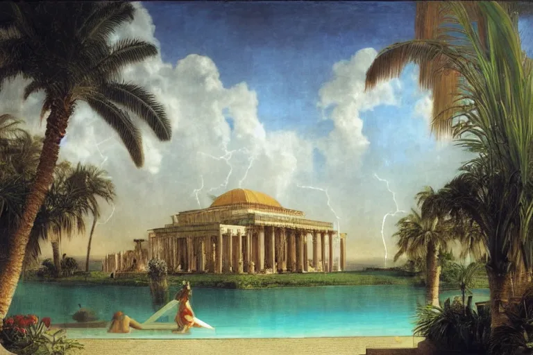 Prompt: Palace floating in heaven, 1km tall, thunderstorm, greek pool, beach and palm trees under the palace, major arcana sky, by paul delaroche, hyperrealistic 4k uhd, award-winning very detailed, heaven paradise