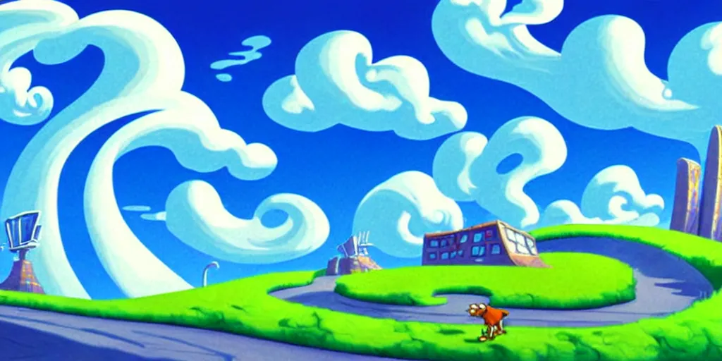 Image similar to cartoon concept art, clean blue sky, spiral cirrus clouds, from sam and max