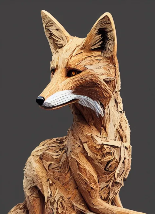 Image similar to sculpture of fox made of wood, portrait, female, future, wood, tree, harper's bazaar, vogue, magazine, insanely detailed and intricate, concept art, close up, ornate, luxury, elite, elegant, trending on artstation, by ruan jia, by Kenneth Willardt, by ross tran, by WLOP, by Andrei Riabovitchev,