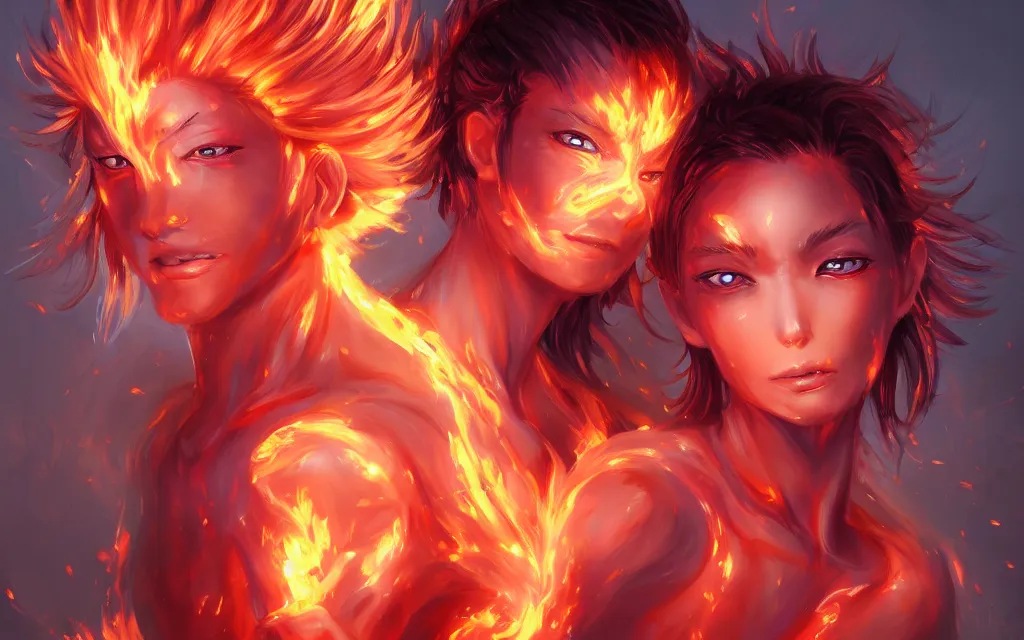 Image similar to A realistic anime portrait of a beautiful fire spirit twins with glowing red eyes and firey skin wearing clothes made of flames, digital painting, by Stanley Artgerm Lau, Sakimichan, WLOP and Rossdraws, digtial painting, trending on ArtStation, SFW version