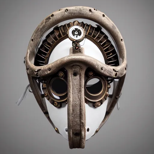 Prompt: extremly detailed white ceramic steampunk mask, high details, photorealistic, 8 k, sharp focus, white ceramic material