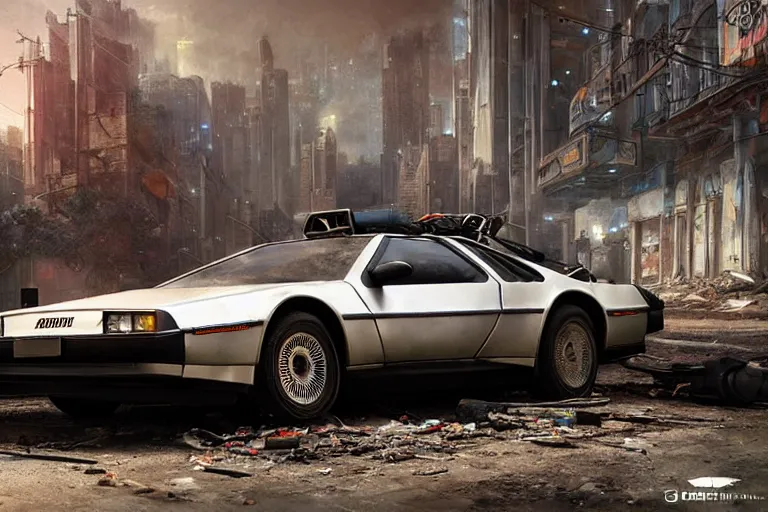 Image similar to highly detailed photograph of a delorean parked on the streets of a cyberpunk abandoned city, doors are open, by greg rutkowski and stanley artgerm and alphonse mucha, octane, sharp focus, hyperrealistic, masterpiece