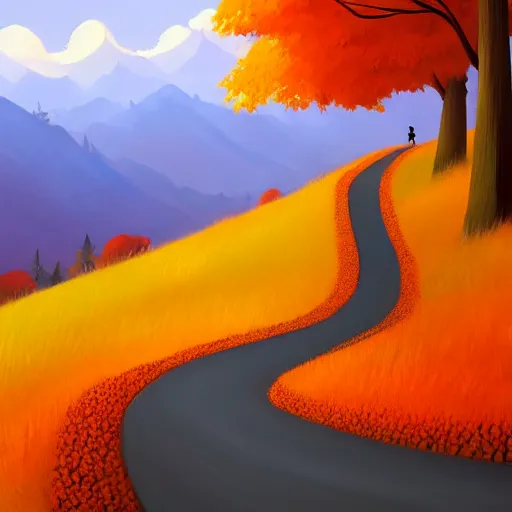 Image similar to Goro Fujita ilustration a road that goes down from the top of the mountain giving curves in autumn, painting by Goro Fujita, sharp focus, highly detailed, ArtStation