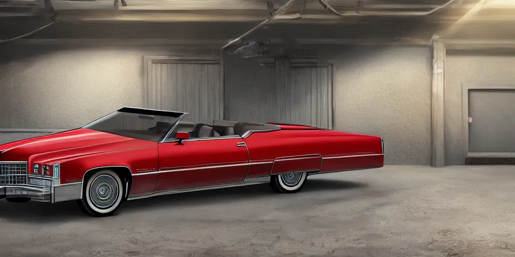 Prompt: front view picture one red 1975 cadillac eldorado convertible car as a grand theft auto 5 loading screen, garage scene, front view, intricate, studio, art by anthony macbain + greg rutkowski + alphonse mucha, concept art, 4k, sharp focus