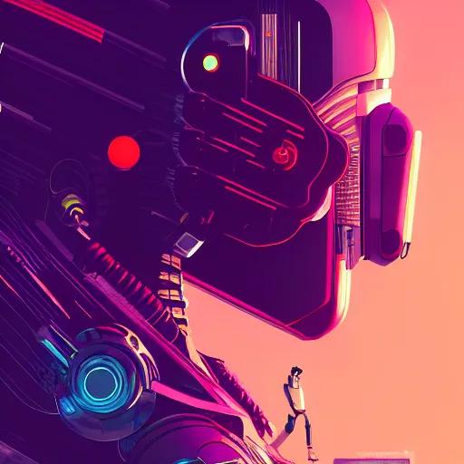 Image similar to a graph - style a huge robot head in front of her, cyberpunk art by by james gilleard, cgsociety, retrofuturism, synthwave, retrowave, outrun