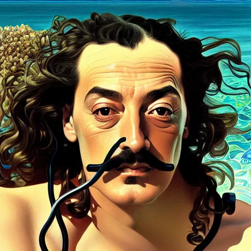 Prompt: portrait of salvador dali snorkeling in cap de ras, highly detailed, digital painting, artstation, sharp focus, illustration, art by tan zi and alphonse mucha