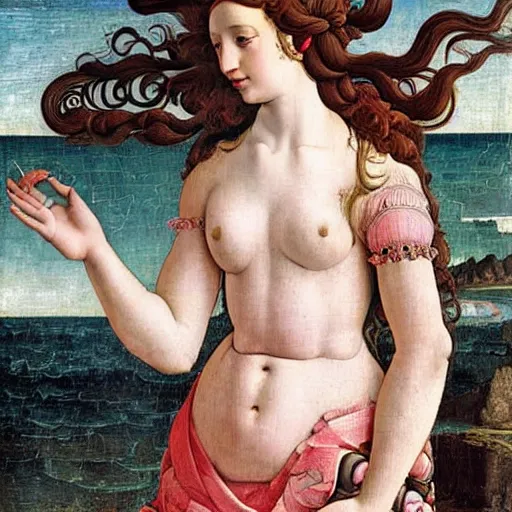 Image similar to an hyperrealistic mythological oil painting of venus with long curly brown hair, full body, wearing pink floral chiton, sing n a giant scallop shell, near the seashore, intricate lines, elegant, renaissance style, by sandro botticelli and william waterhouse