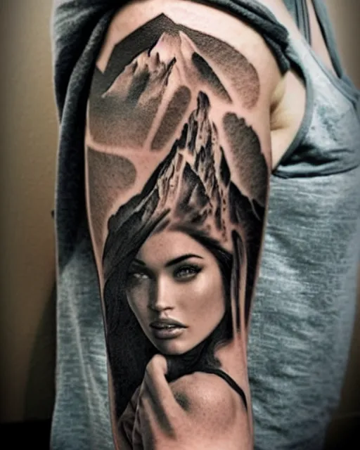 Image similar to double exposure effect tattoo design sketch of megan fox with beautiful mountains, realism tattoo, in the style of den yakovlev, amazing detail, sharp