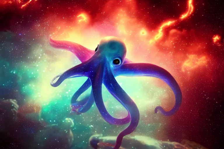 Image similar to an octopus, swimming in space, nebula and galaxy background, artstation, 8 k, makoto shinkai, octane render, very detailed
