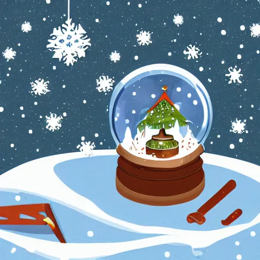 Image similar to A snowglobe with a broken wooden chair and falling snow inside of the snowglobe. Illustration