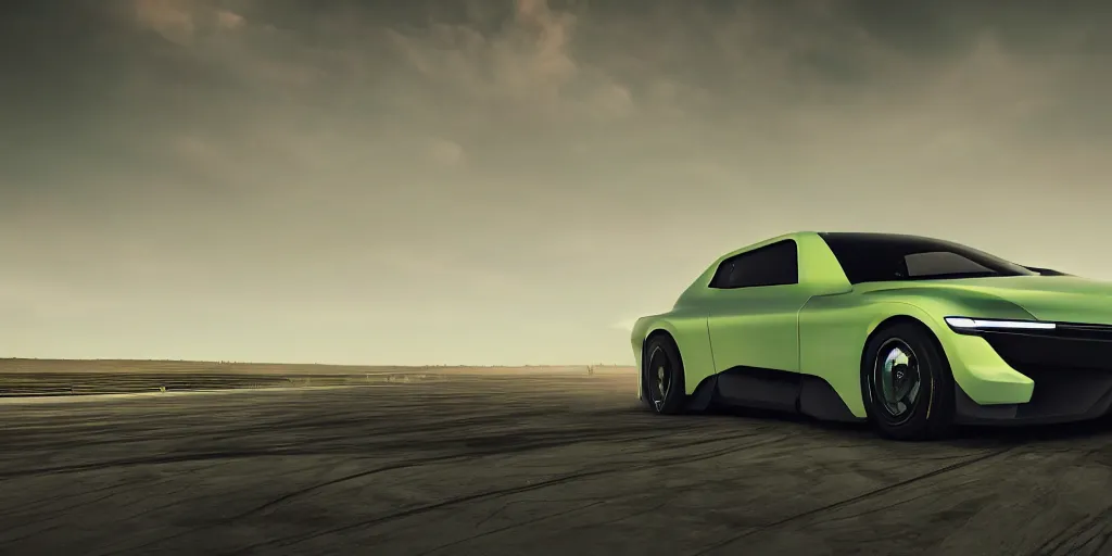 Image similar to a design of a futuristic race car, lifted off-road tires, designed by Polestar and DMC, vaporwave sunrise background, brushed green copper car paint, black windows, dark show room, dramatic lighting, hyper realistic render, depth of field