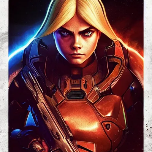 Image similar to Symmetric movie poster of Cara delevingne as Samus Aran , Gears of War cover art, ultra wide lens shot,cinematic lighting, beautiful,art by Artgerm and Greg Rutkowski and Alphonse Mucha