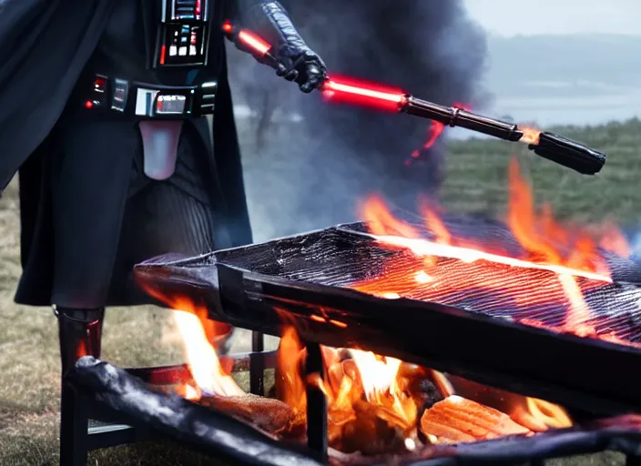 Prompt: film still of Darth Vader cooking on an outdoor grill in the new Star Wars movie, 4k
