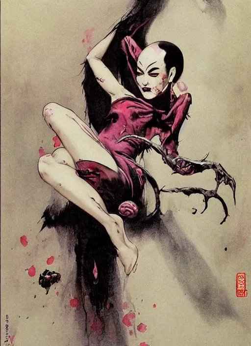 Image similar to portrait of bald korean vampiress, strong line, saturated color, beautiful! coherent! by frank frazetta, high contrast