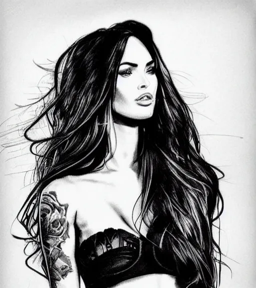 Image similar to tattoo design sketch of megan fox portrait against a background of beautiful mountains and nature, hyper - realistic, in the style of den yakovlev, amazing detail, black and white