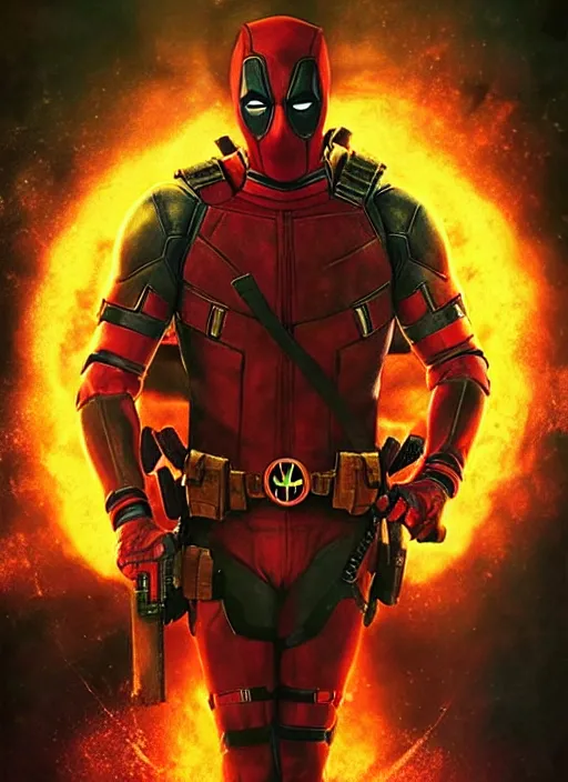 Image similar to Ryan Gosling as deadpool, handsome face, unmasked, no mask, dramatic action pose, gorgeous, portrait, Symmetrical, powerful, intricate, beautiful, masterpiece, elegant, volumetric lighting, highly detailed, artstation, sharp focus, no cropping, illustration, explosions in the background, Jean-Leon Gerome , ruan jia