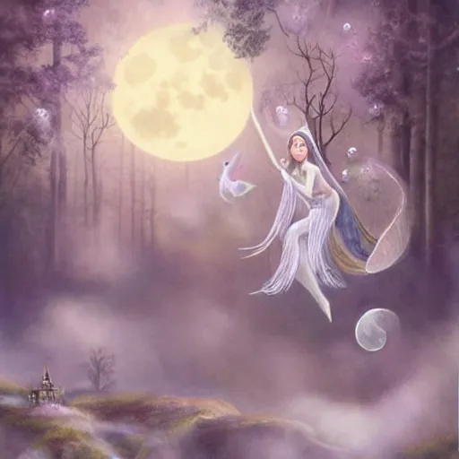 Image similar to elaborate and celestial elves looking marvelous and very etherealistic as they float about poutedly on their little clouds of mystical mist in the ethereal woods under the silvery light of the wicked moon