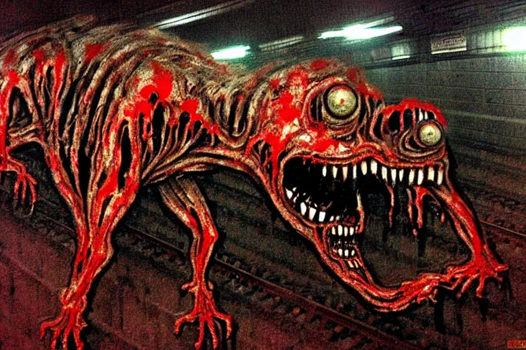 Image similar to very large giant mutant zombie irradiated angry rat sraying on railways in tonnel of moscow subway. extreme high detail, very realistic. low dark light, scary mood. hermann nitsch