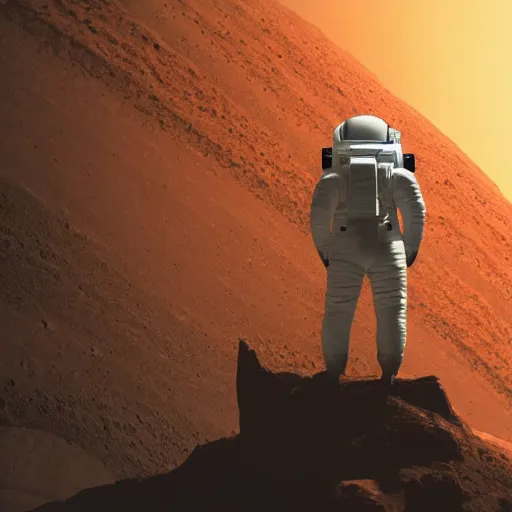 Image similar to an astronaut with their back to the camera, standing on top of a tall cliff, looking out over a civilisation on mars, cinematic, ultra realistic, 8 k, hd render