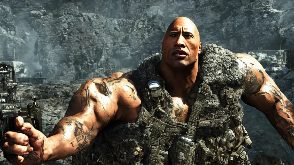 Image similar to dwayne the rock johnson, dwayne the rock johnson in the call of duty zombies map tranzit, black ops 2 tranzit, screenshot