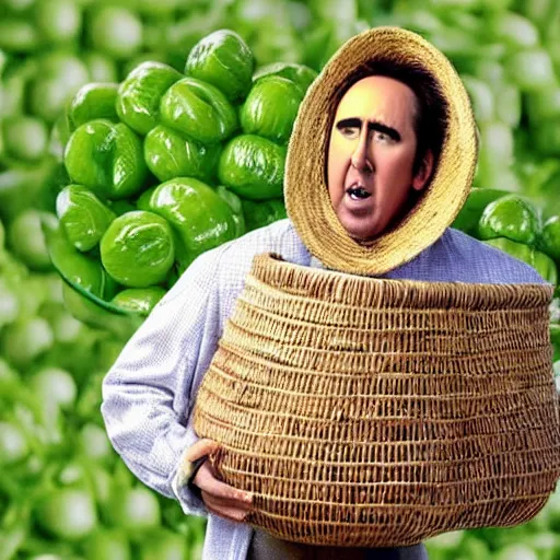 Prompt: nicolas cage wearing a wicker basket on head screaming a mouth full of peas