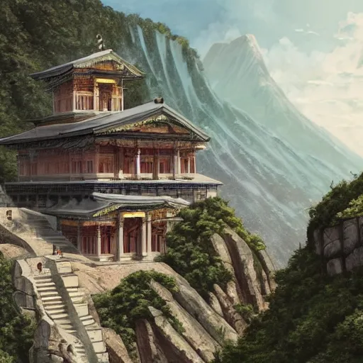 Image similar to concept art painting of a marble temple on top of a mountain, with greek and japanese architecture, overlooking a valley with a village below, realistic, detailed, cel shaded, in the style of makoto shinkai and greg rutkowski and albert bierstadt and james gurney