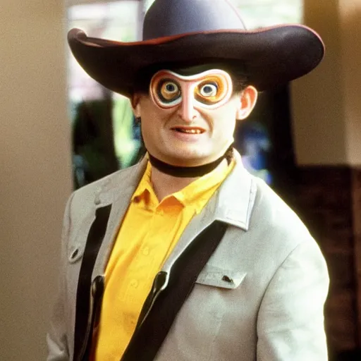 Image similar to Tim Robinson from I think You should Leave, dressed up as the the Lone Ranger outfit and eye mask disguise, photo from the TV show Hot Shots Megee