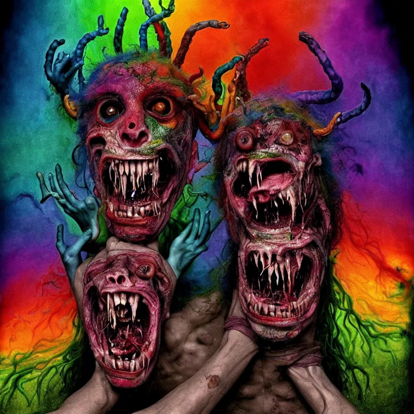 Prompt: a beautiful, colorful, flesh - eating, whimsical demon with rainbow fur, seven arms, seven legs, three heads, eating a screaming priest, standing on a pile of corpses, by alexandro judorowski and david cronenberg, fear, morbid, nightmare, supernatural, 8 k, digital art, highly detailed, chiaroscuro, creepy, terrifying